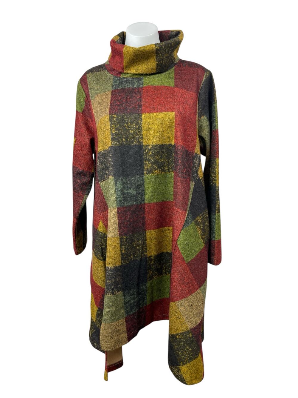 Buykud Multicolor Plaid Check Turtleneck Long Sleeve Mini Sweater Dress Size M/L